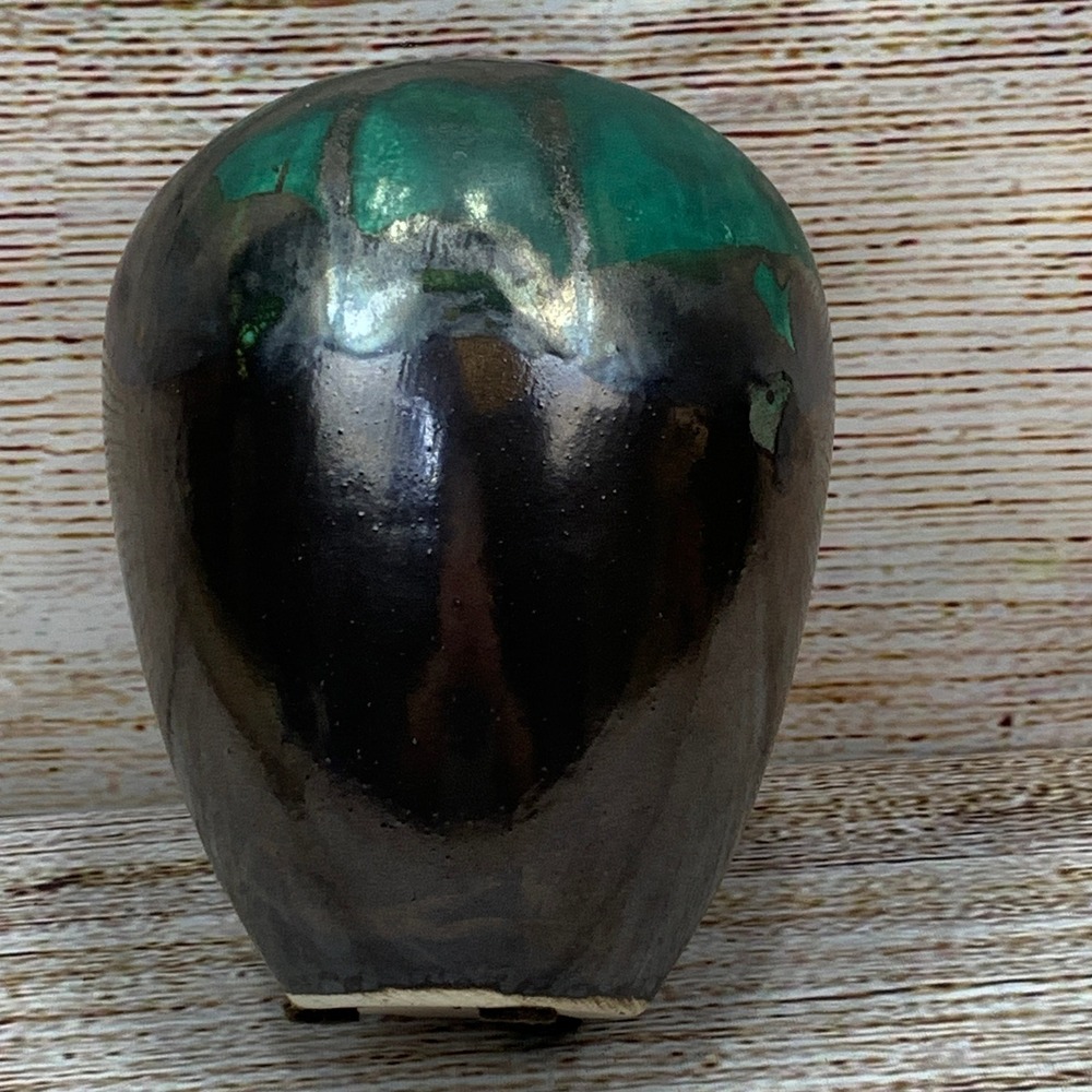 Modernist Ceramic Vase Black Green Glaze Art Pottery Signed MH